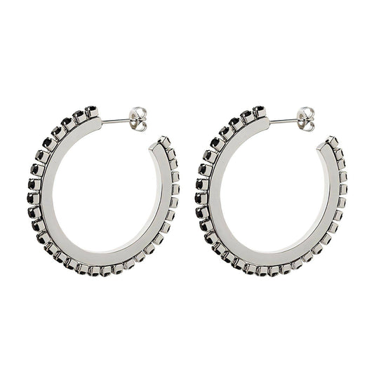 Silver hoops with black gem stud earrings