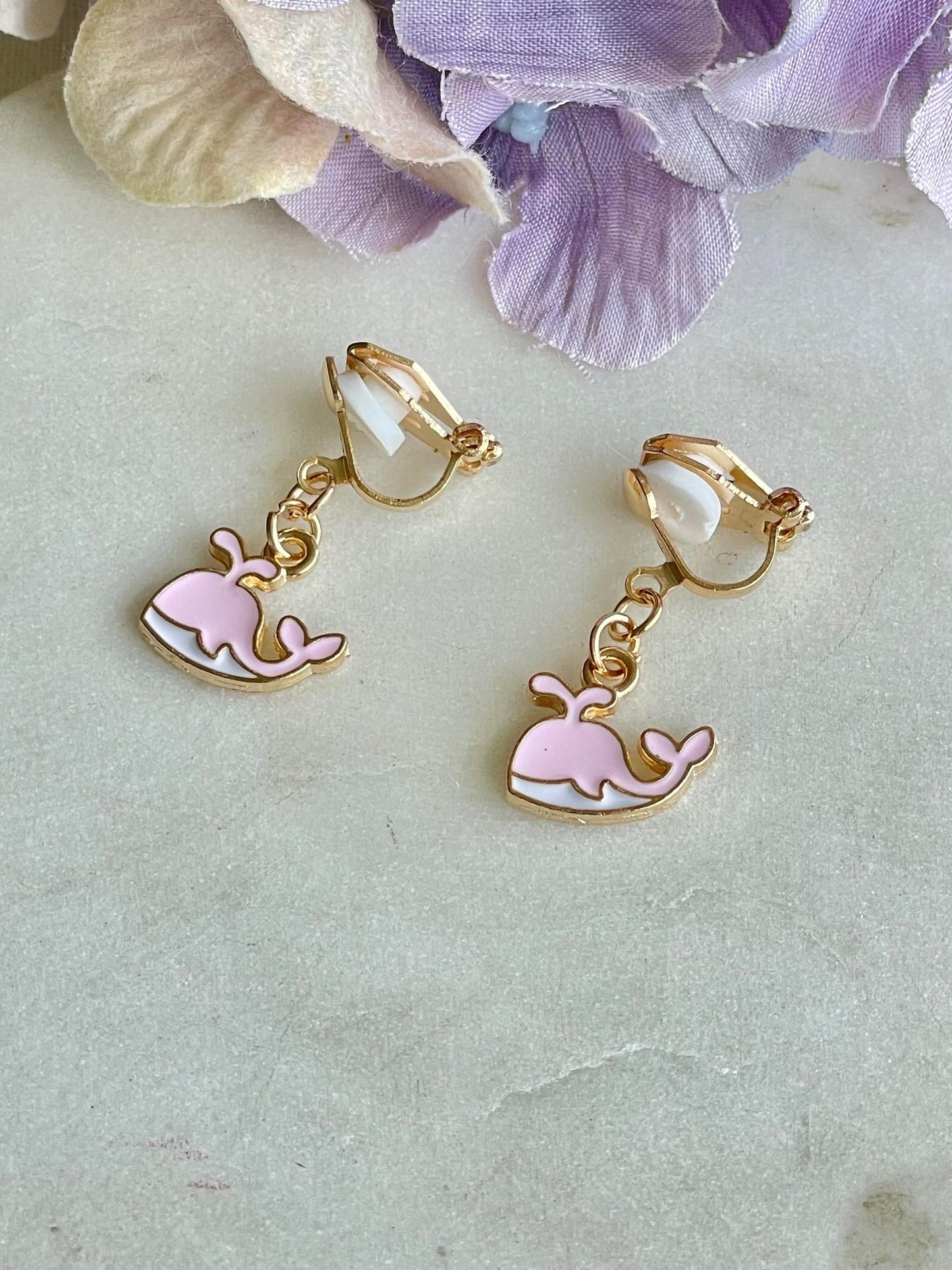 Pink whale clip-on earrings