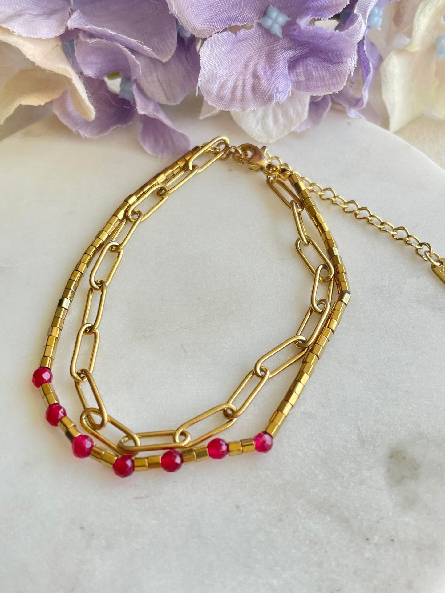 Red and gold bead and chain double bracelet