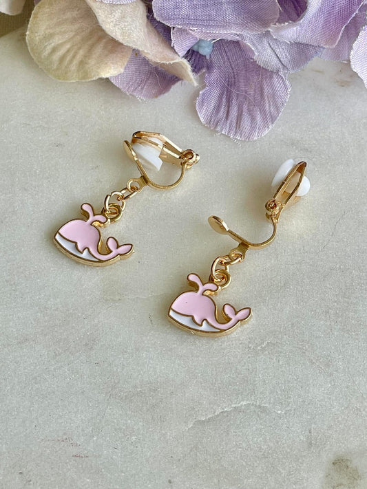 Pink whale clip-on earrings