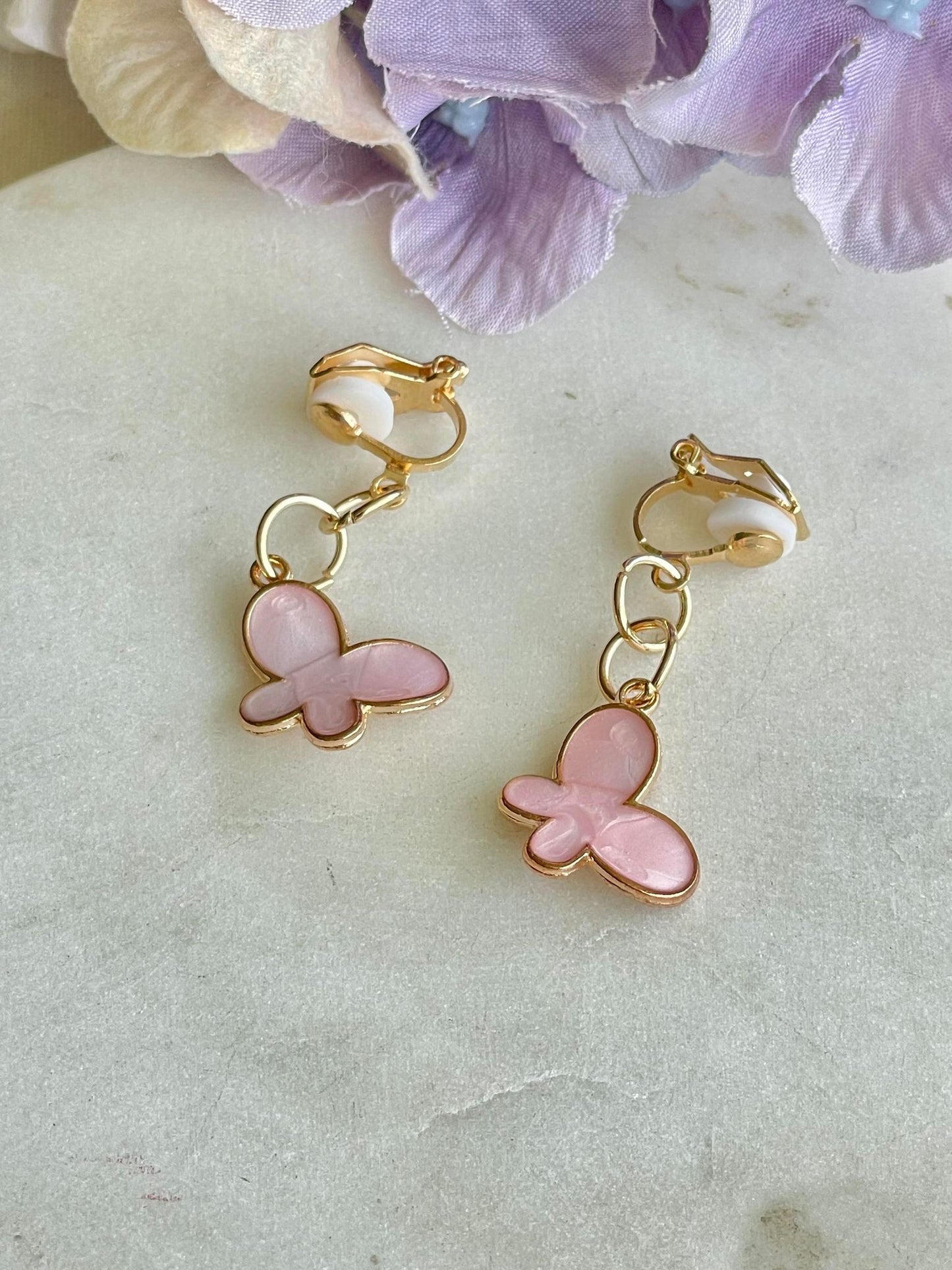 Pink butterfly clip-on earrings