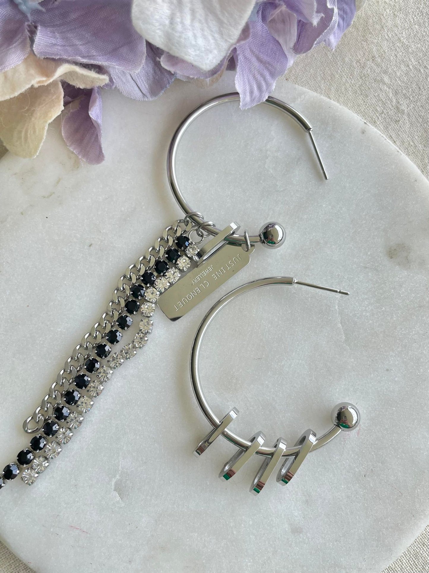 Abstract long drop silver earrings