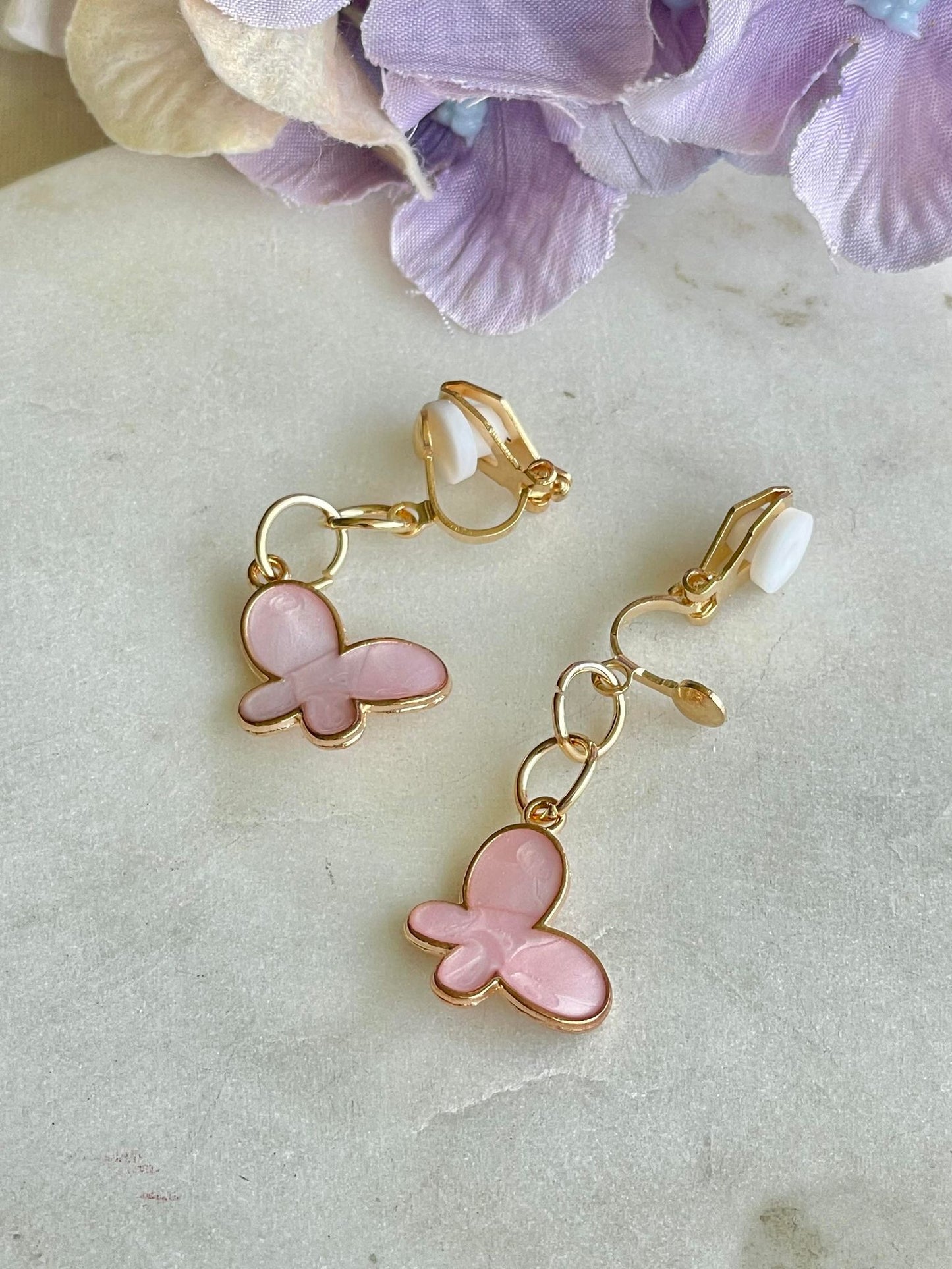 Pink butterfly clip-on earrings