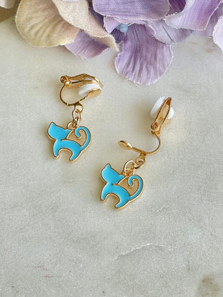 Blue cat clip-on earrings
