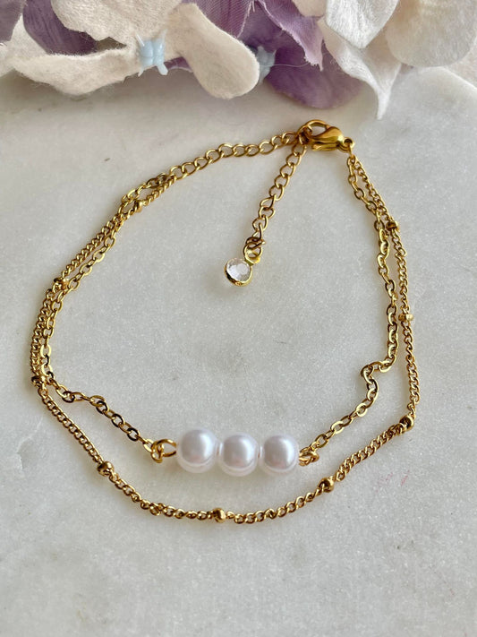 Pearl and gold chain double bracelet