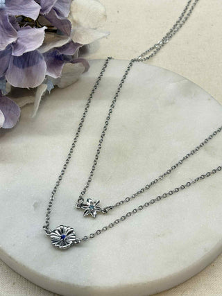 Connector charm necklace - silver with flower charm