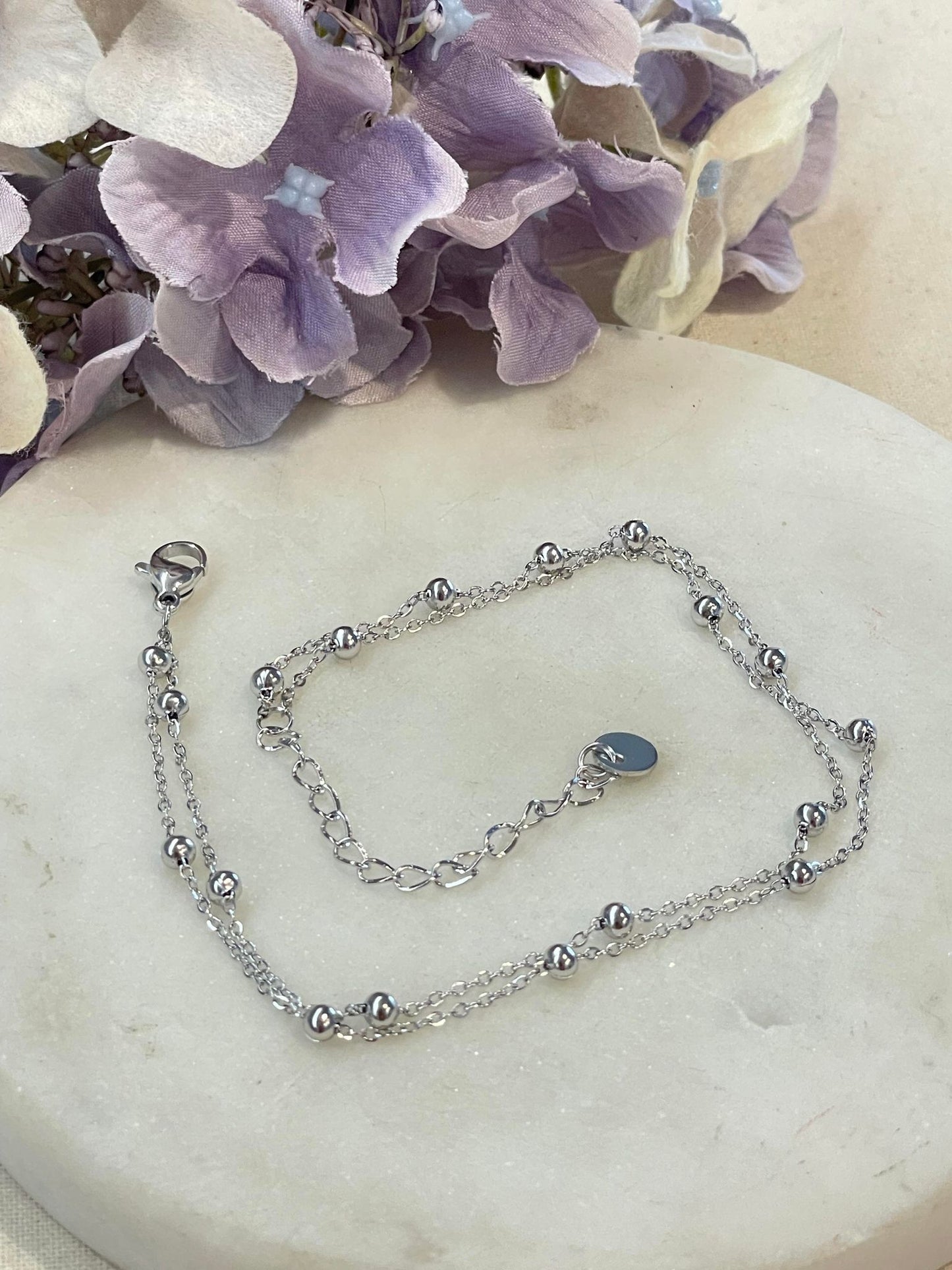 Double stranded, ball anklet - silver