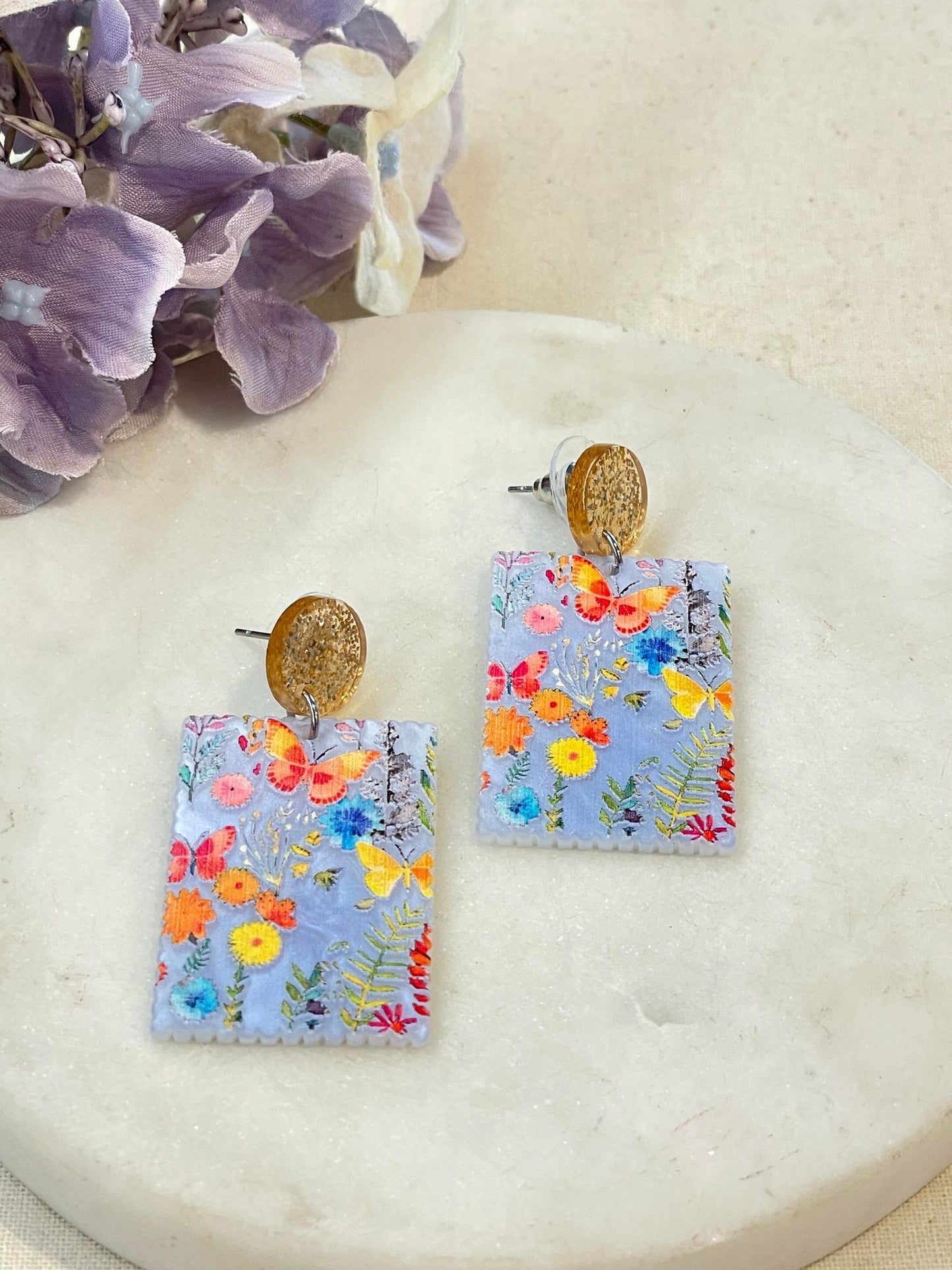 Flutter away with me, butterfly earrings -gold/blue