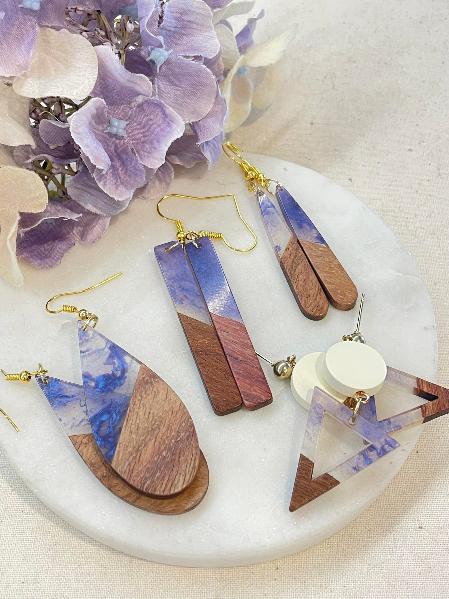 Wooden you love resin thin teardrop earrings