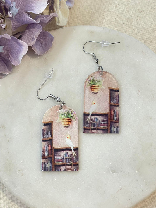 Book-nook bird earrings