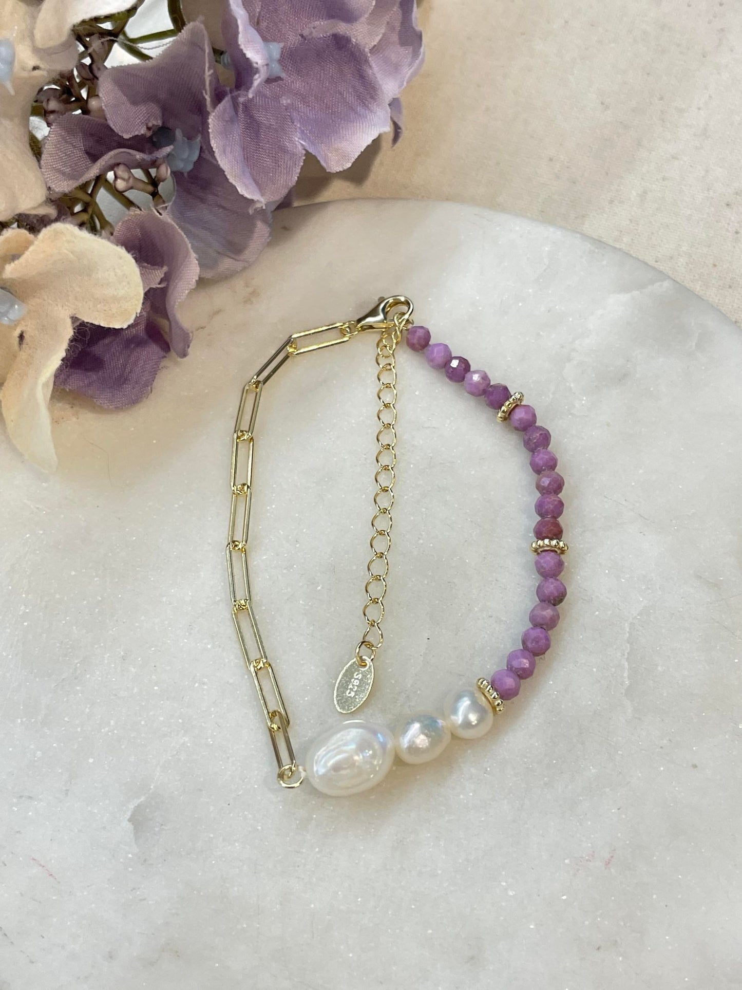 Pearl, bead and gold link bracelets