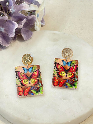 Flutter away with me, butterfly earrings -gold/red