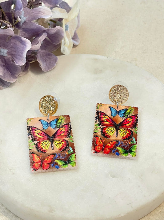 Flutter away with me, butterfly earrings -gold/red