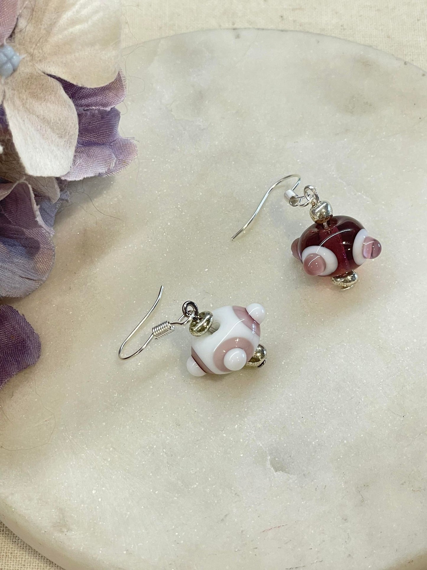 Purple and white mis-matched glass bead earrings