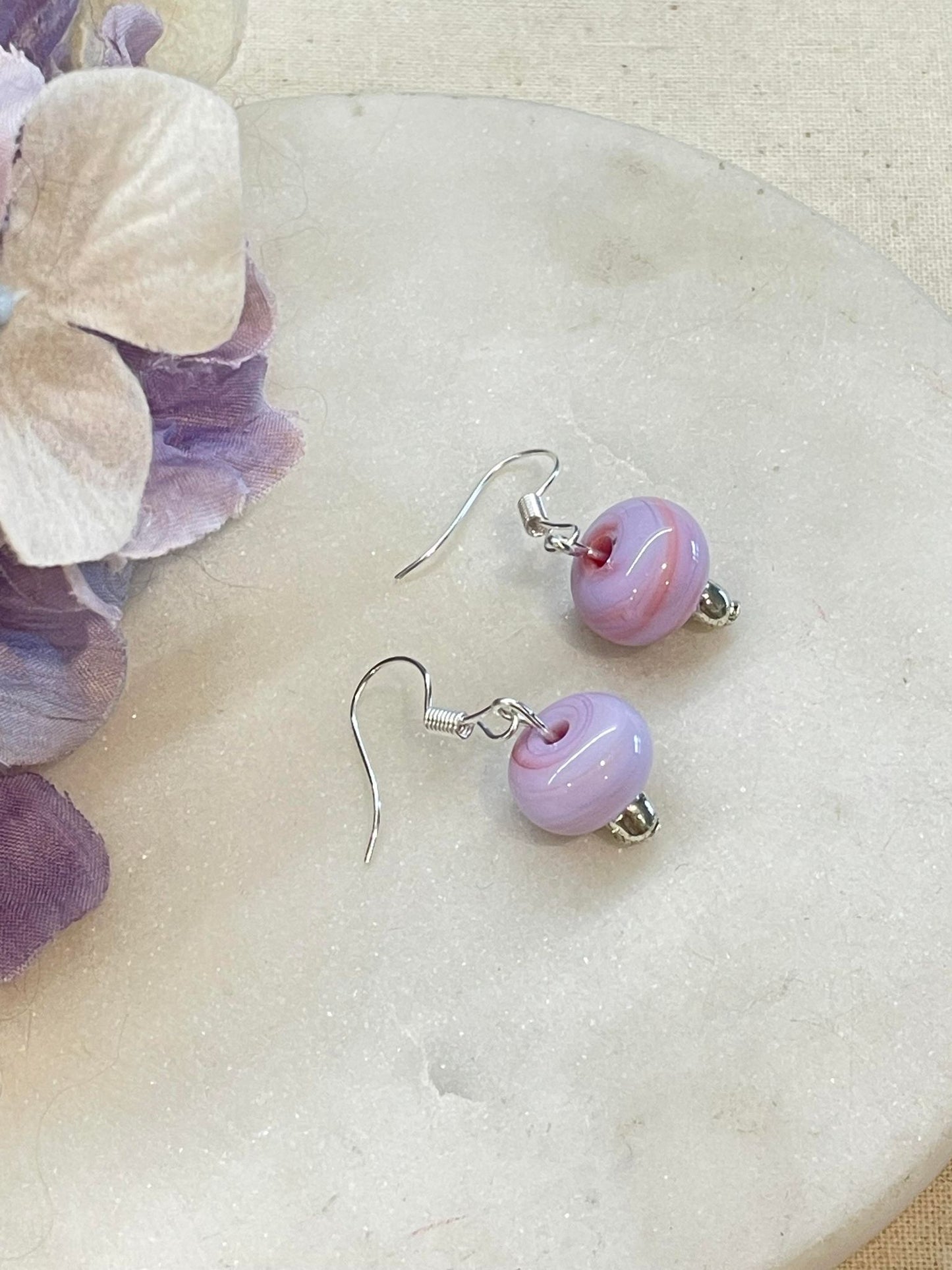 Purple and pink glass bead earrings