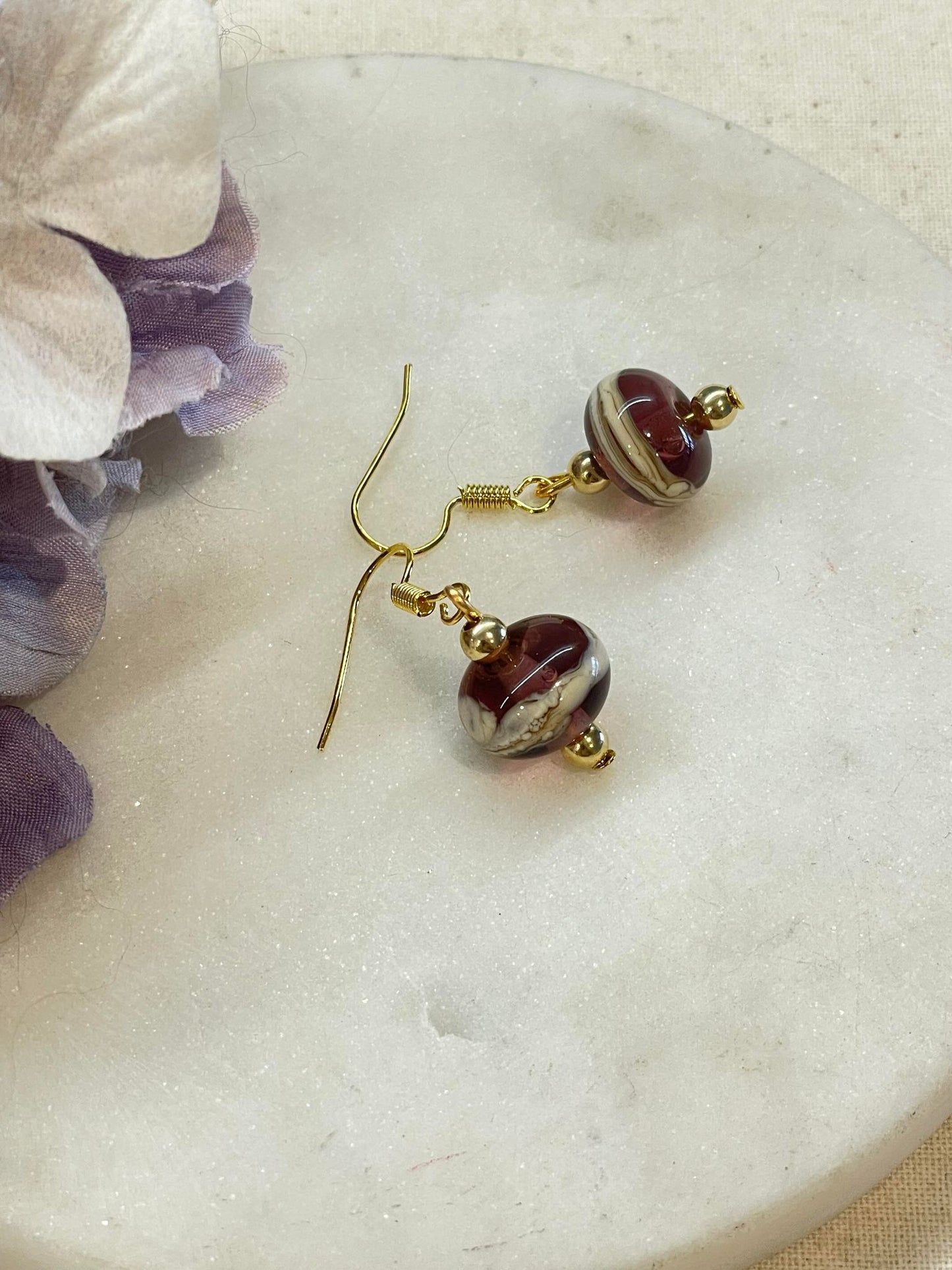 Deep purple with cream band bead earrings