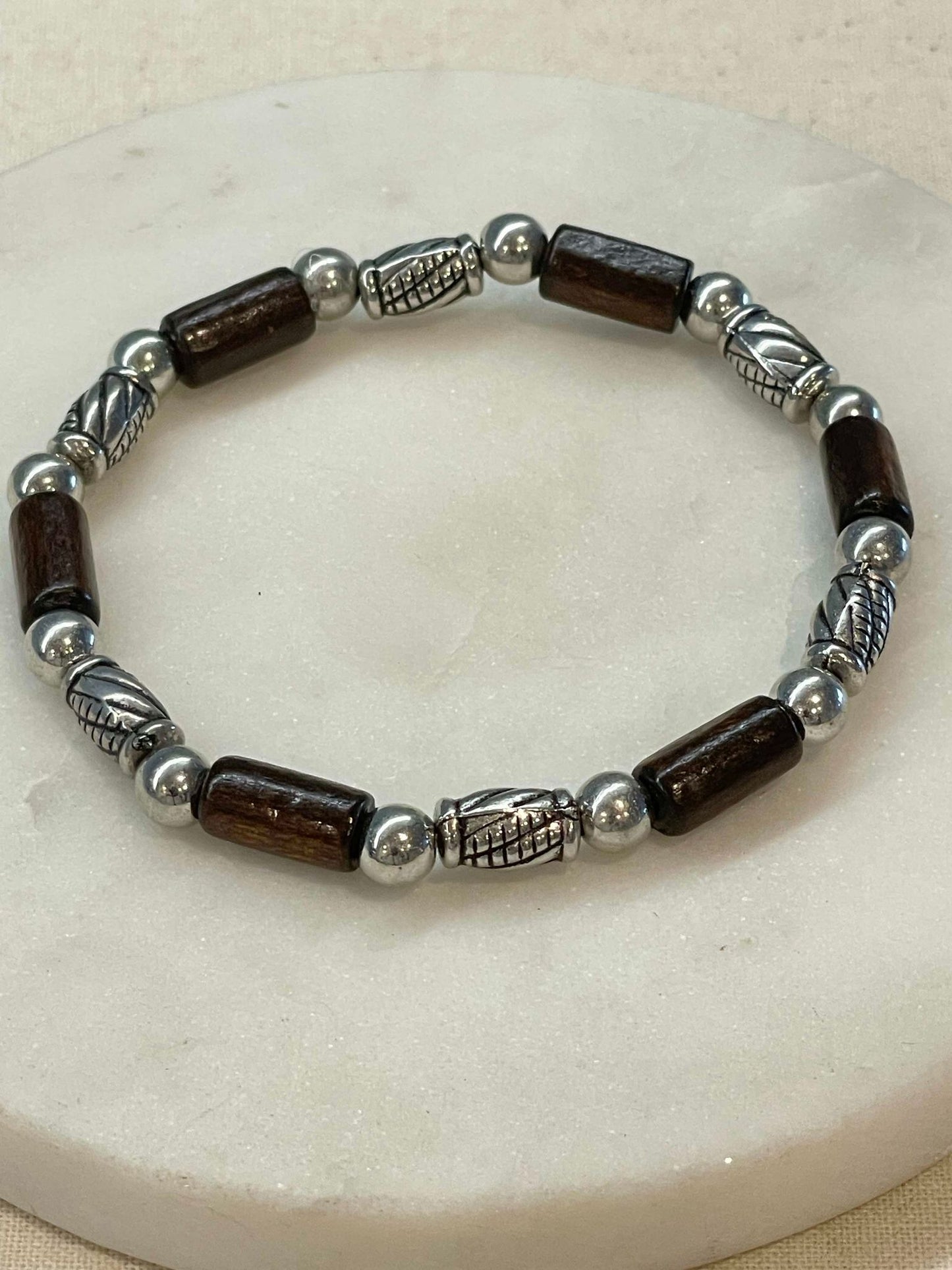 Men's brown and silver beaded stretch bracelet