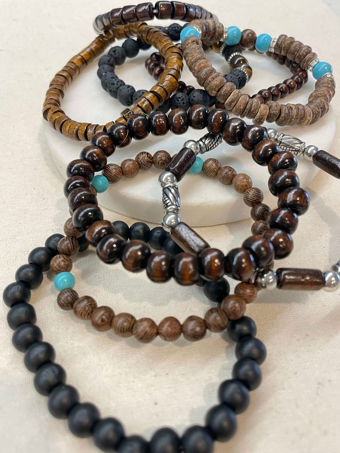 Men's silver, brown and turquoise beaded stretch bracelet