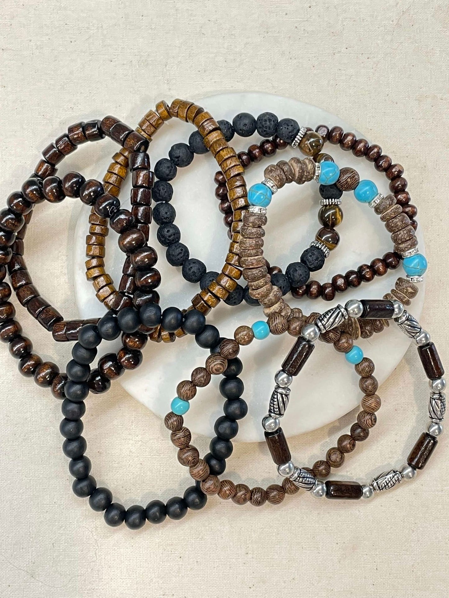 Men's silver, brown and turquoise beaded stretch bracelet