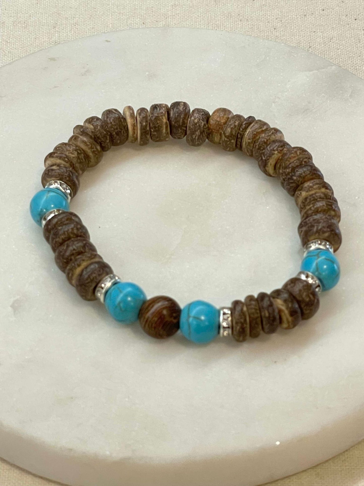 Men's silver, brown and turquoise beaded stretch bracelet