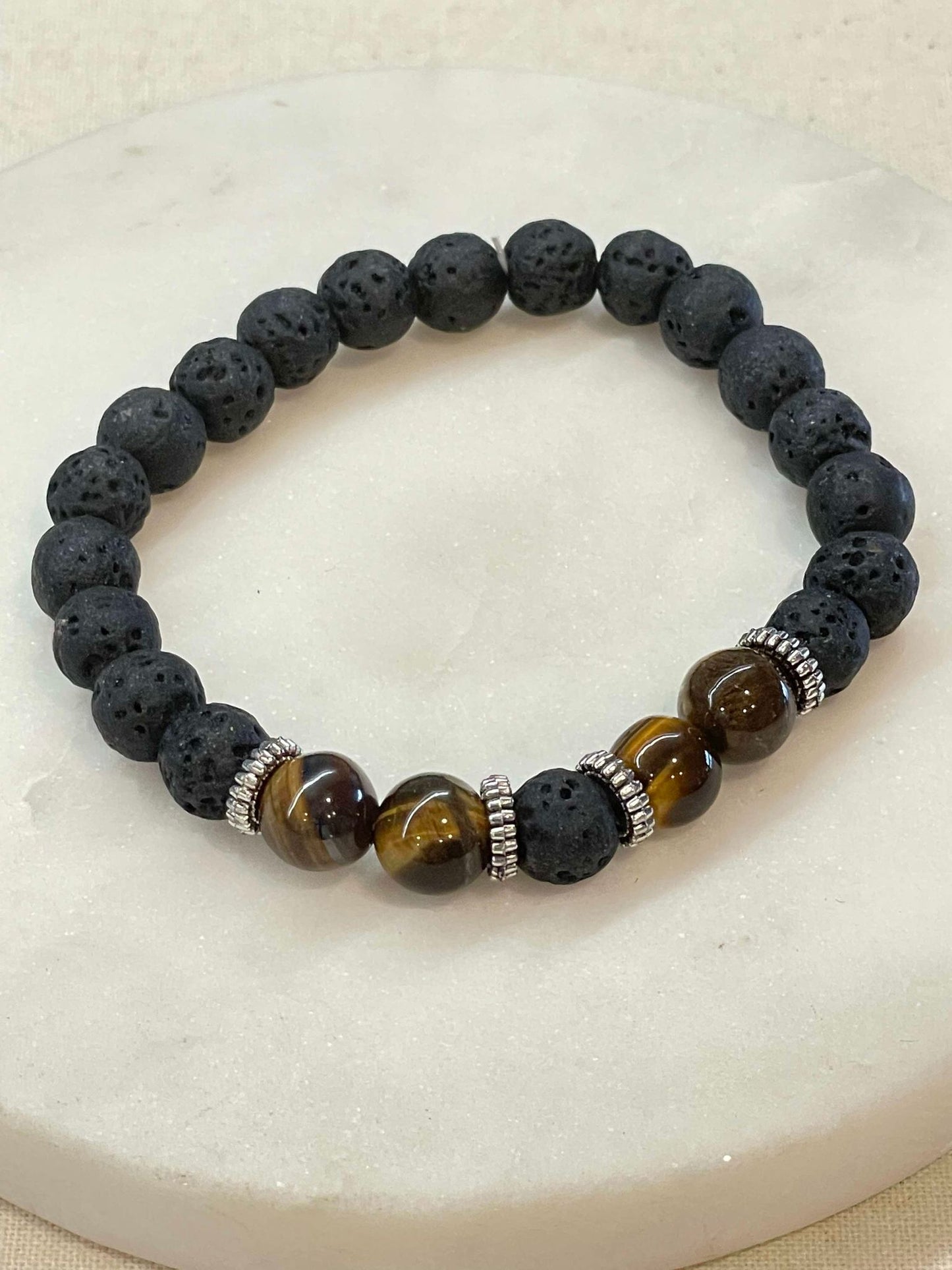 Men's brown, charcoal and silver beaded stretch bracelet