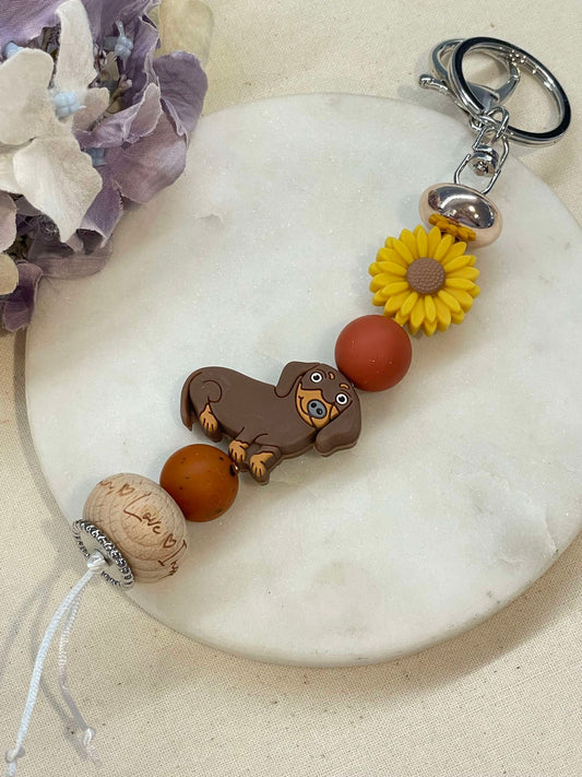 Chocolate Dachshund and Daisy keyring