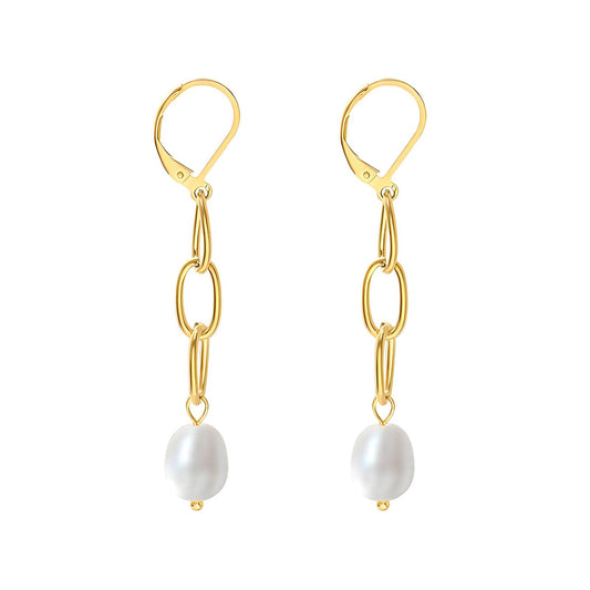 Chain to pearl drop earrings