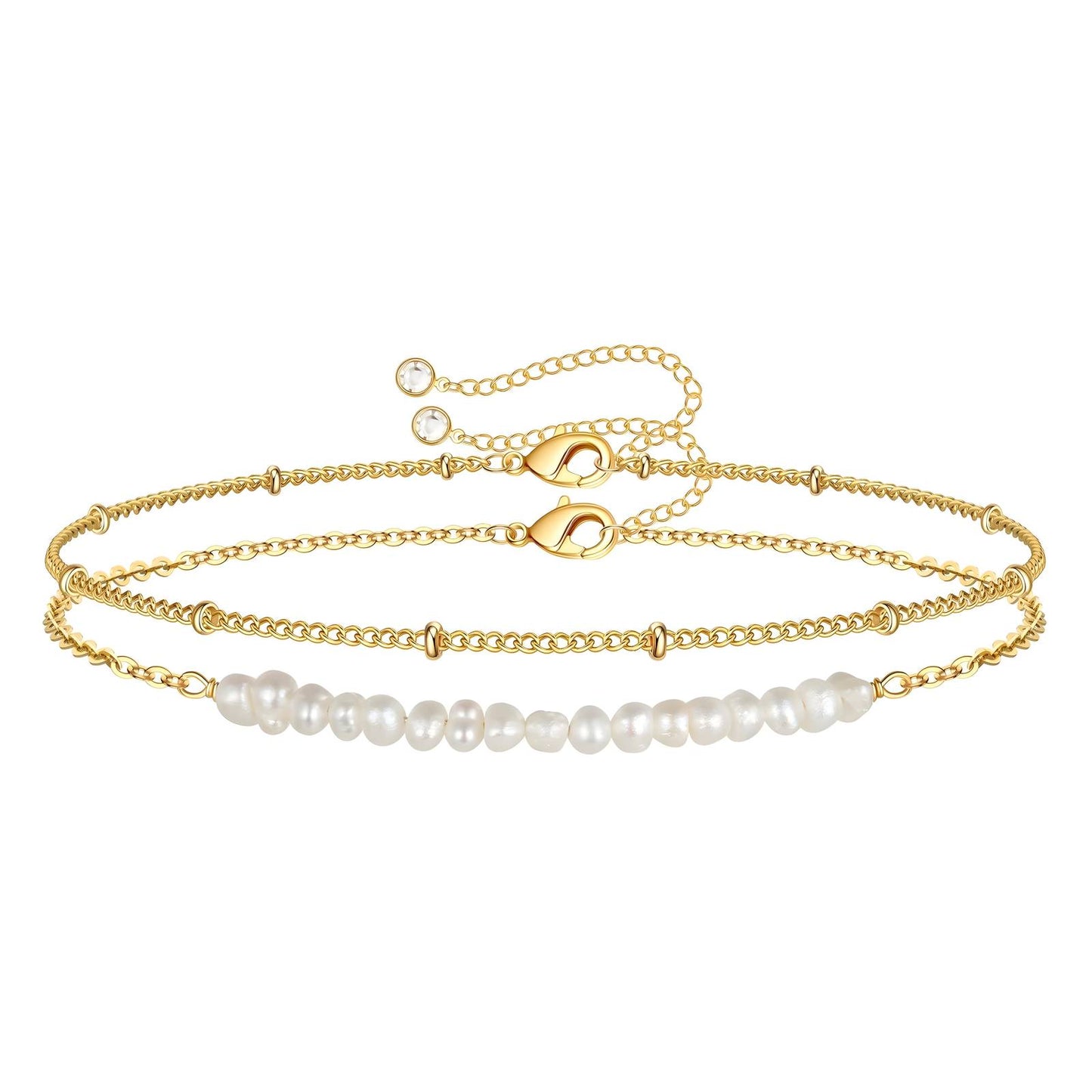 Pearl and plain gold double bracelet