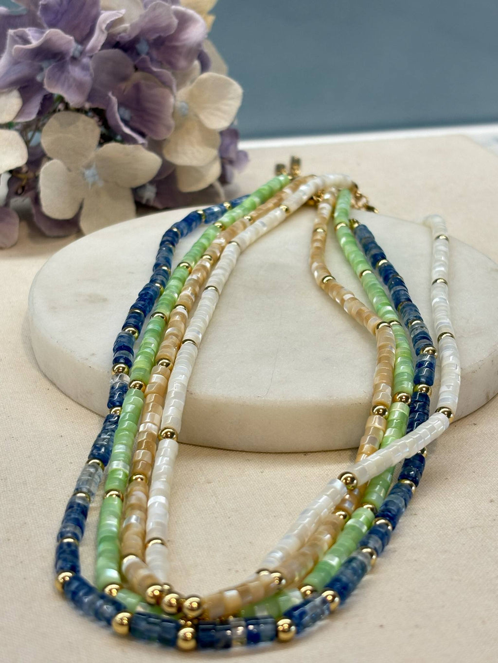 Simple beaded necklace set off by gold - multiple colours – Just Mine