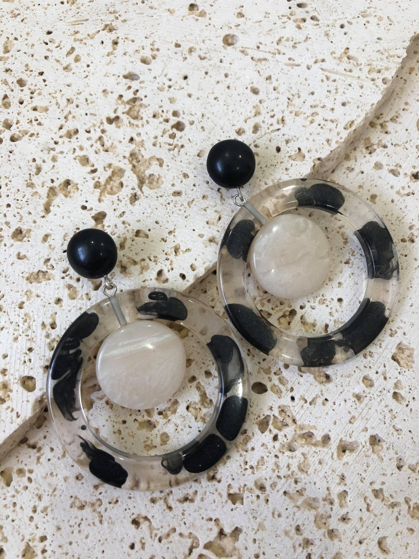 Black and clear resin hoop earring