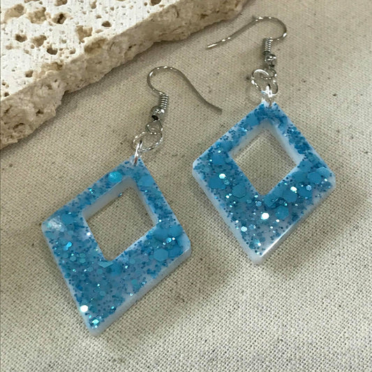 Sky blue glitter triangle drop earrings
