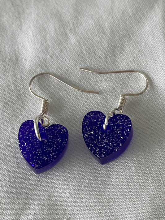 Glitter deep purple hearts on silver hook earring