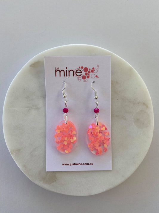 Light pink heart glitter in oval shape hook earrings