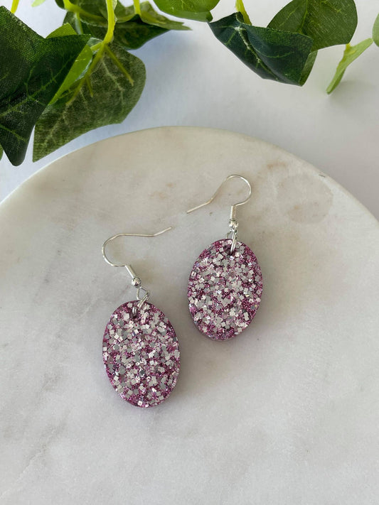 Mauve with silver glitter oval hook earrings