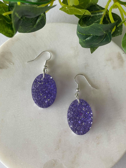 Light purple with silver glitter pointed ovals on hook earrings