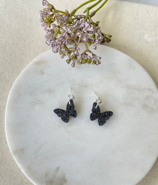 Perfect black glitter butterfly earrings