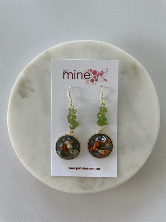 Green gem with green crystal earrings