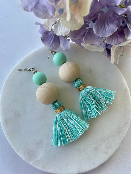 Wooden beads with mint tassel hook earrings