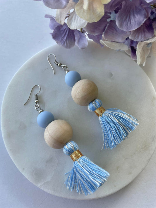 Wooden beads with blue tassel hook earrings