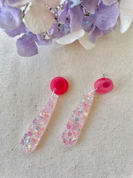 Fairy floss teardrops on pink circle stud earrings