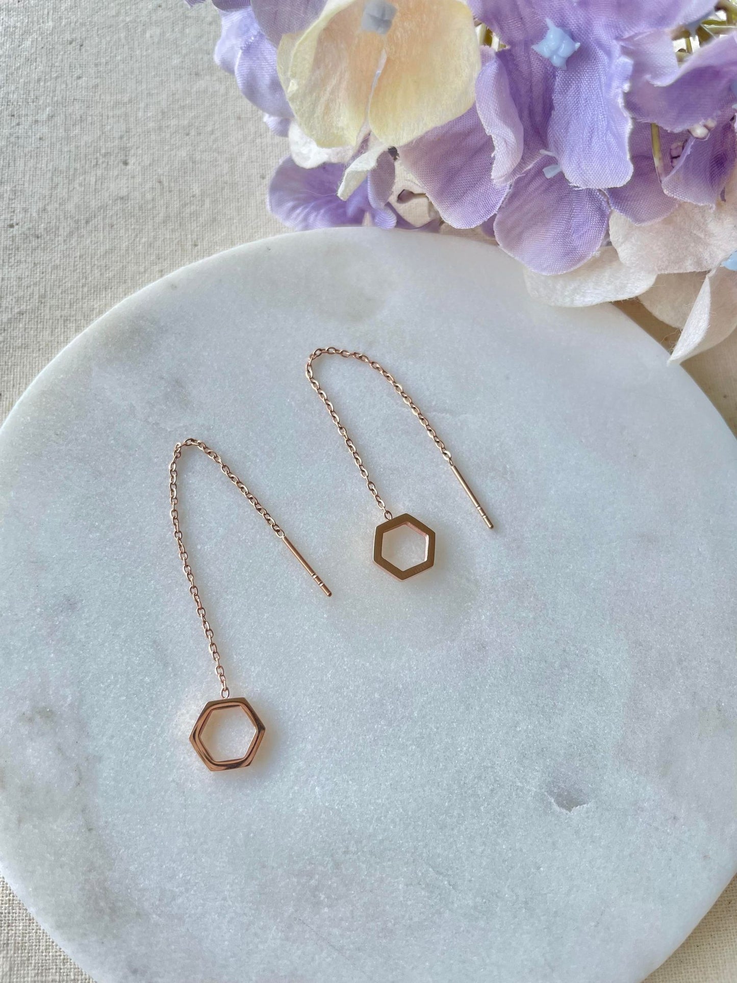 Rose gold hexagon pendant thread earrings