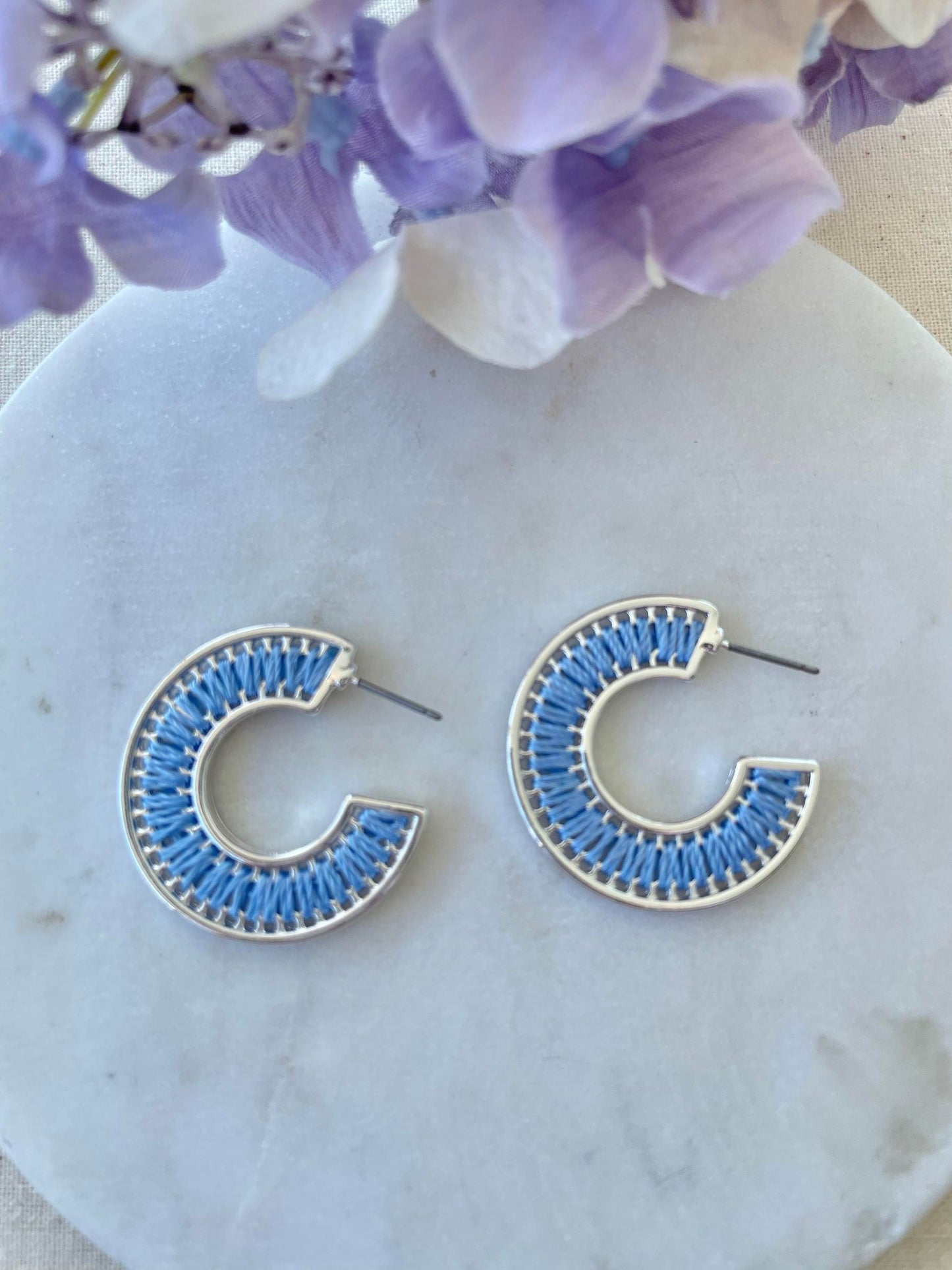 Stitched hoop earrings - silver and blue