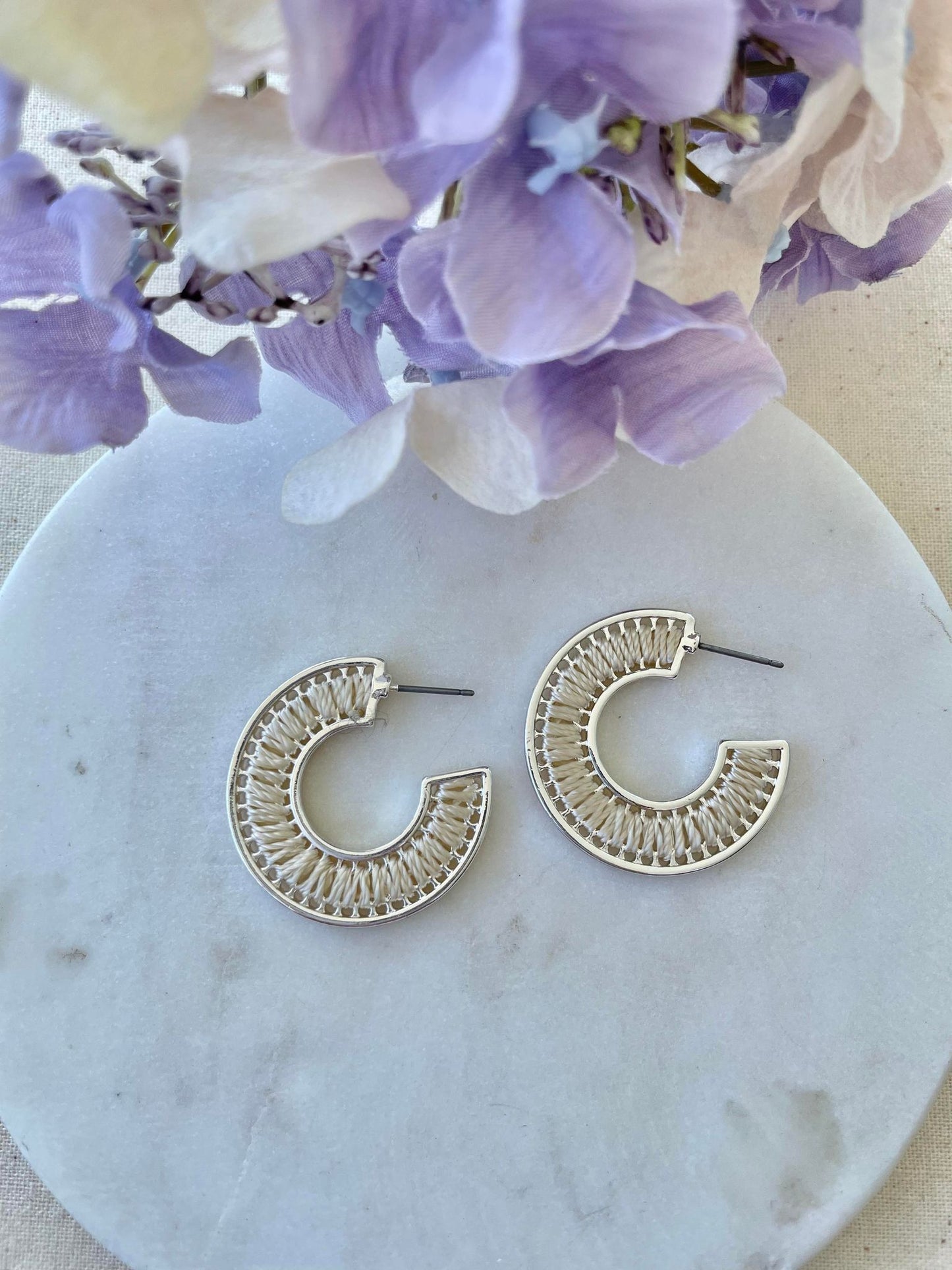 Stitched hoop earrings - silver and cream