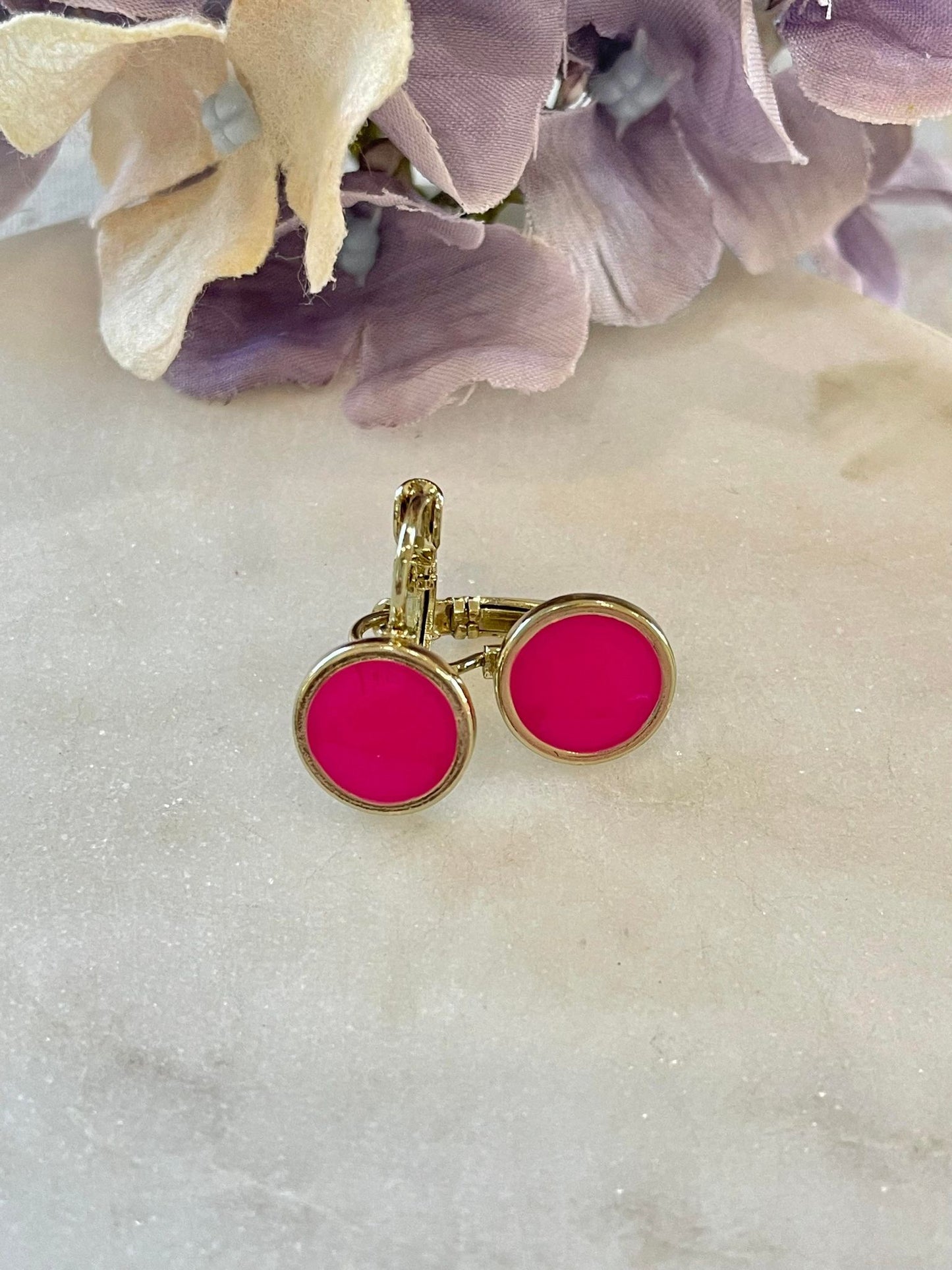Hot pink enamel button lobster clamp earring - gold
