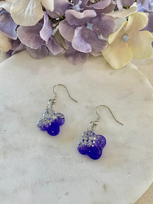 Purple and silver flower hook earrings