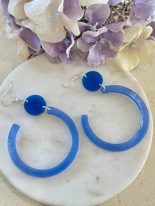 Light blue on blue glitter large hoop hook earrings