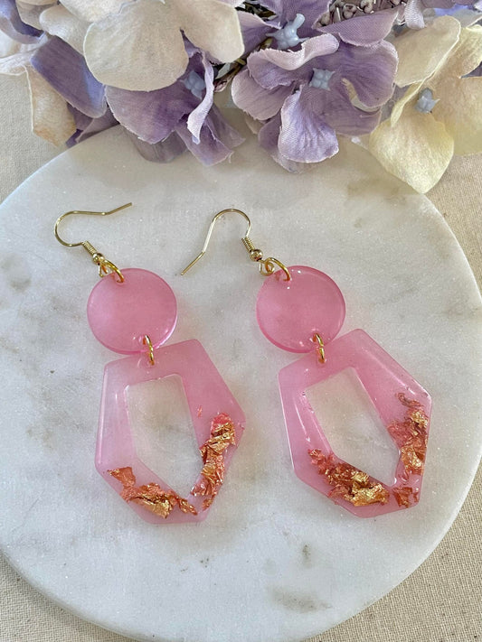 Pastel pink with gold leaf large off shaped square drop earrings