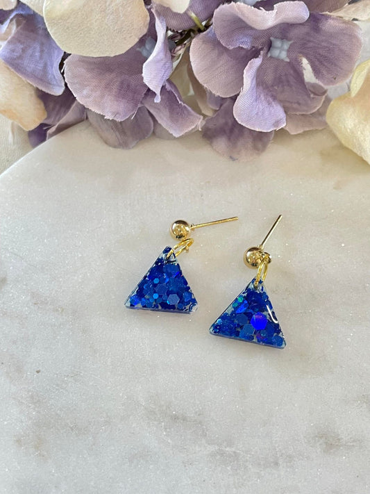 Vivid blue glitter triangle gold stud earrings
