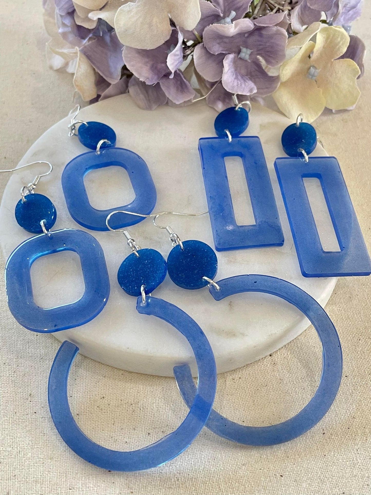 Light blue on blue glitter large rectangle hook earrings