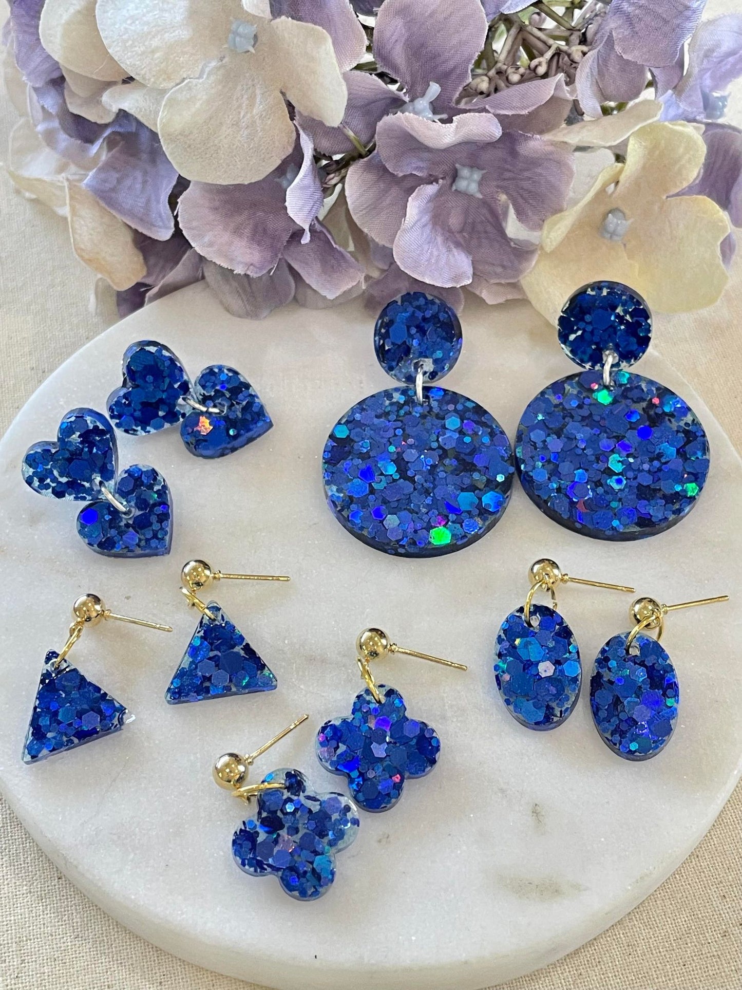 Vivid blue glitter triangle gold stud earrings